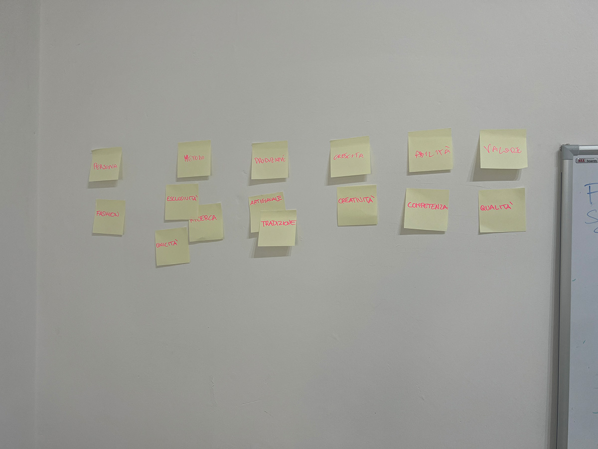 Workshop Adamante: i valori sui post-it, raggruppati per affinità
