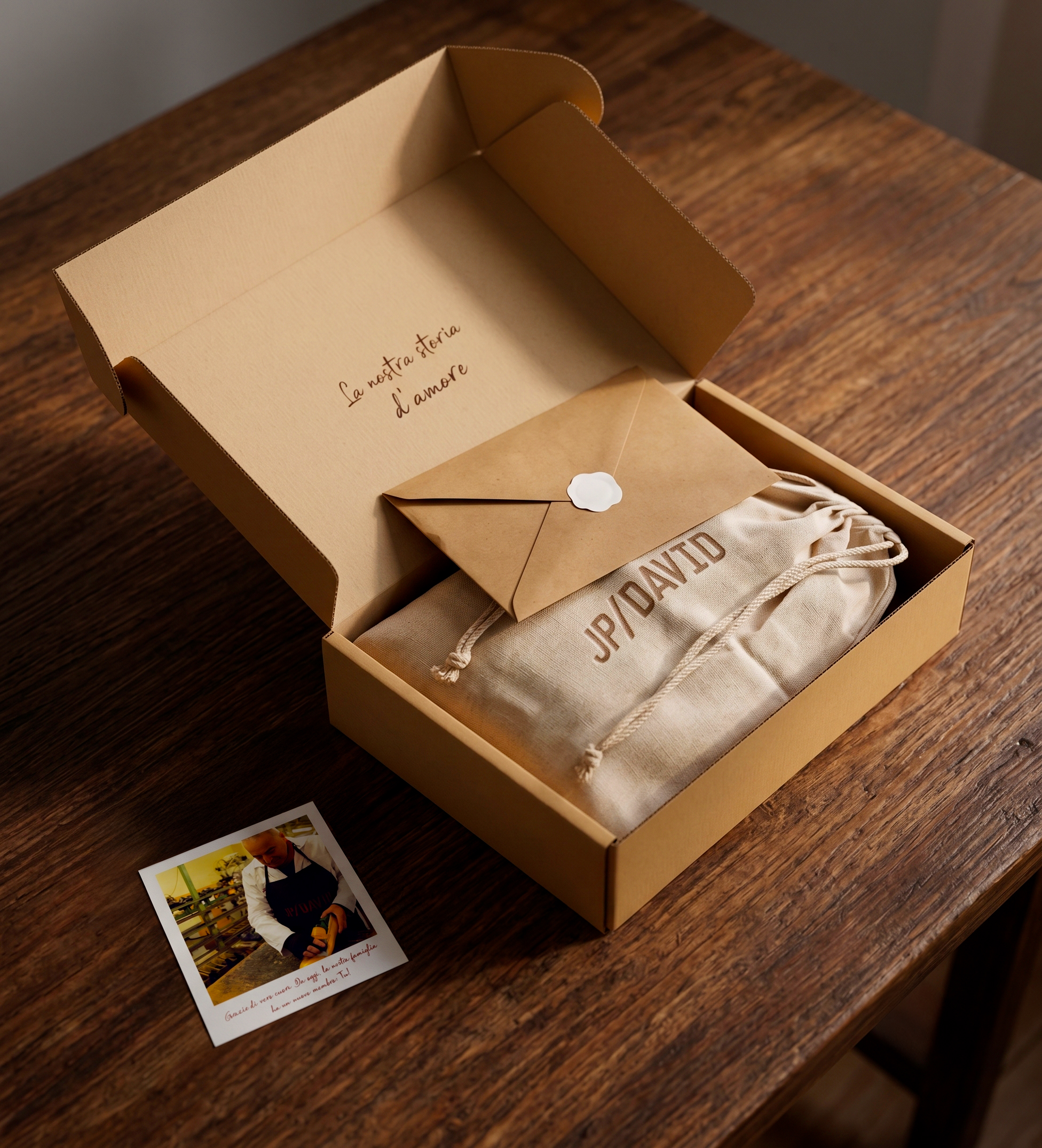 Il cofanetto JpDavid con dust bag, lettera sigillata e polaroid dell'artigiano