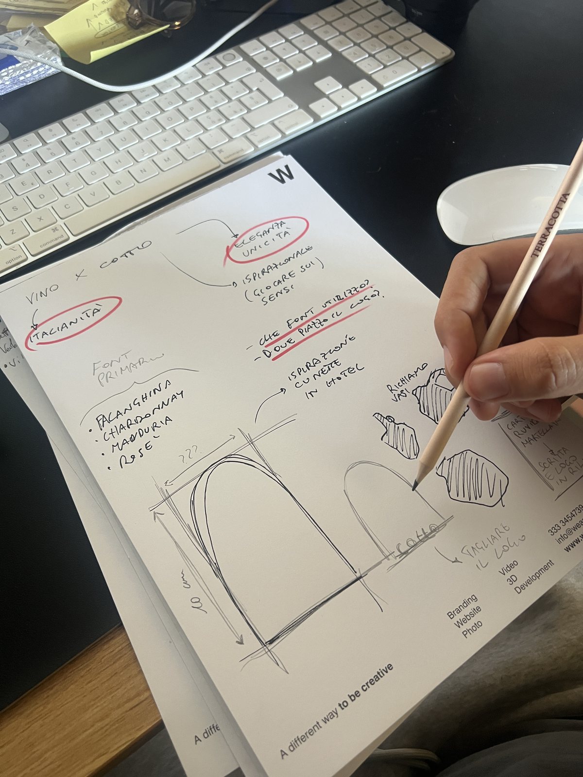 Gli schizzi dell'etichetta: l'arco e il vaso